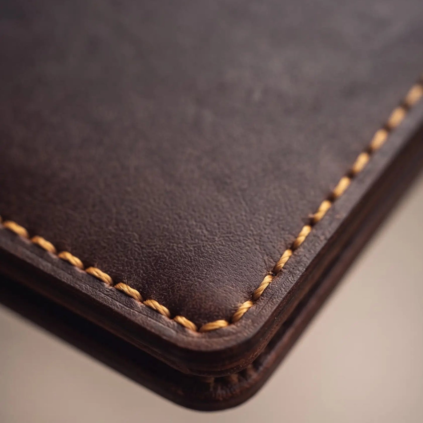 Macro close-up of a handcrafted dark brown full-grain leather bifold wallet featuring precise tan contrast stitching, burnished edges, and premium leather grain showcasing artisan craftsmanship.