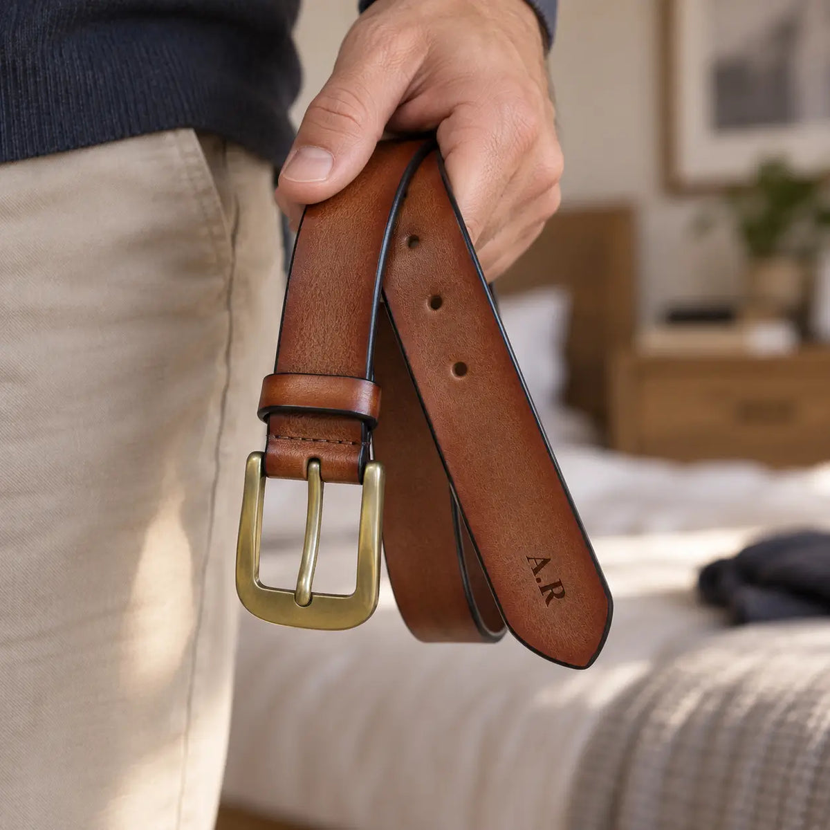Men’s brown leather belt held in hand showing adjustable holes, leather finish and brass buckle