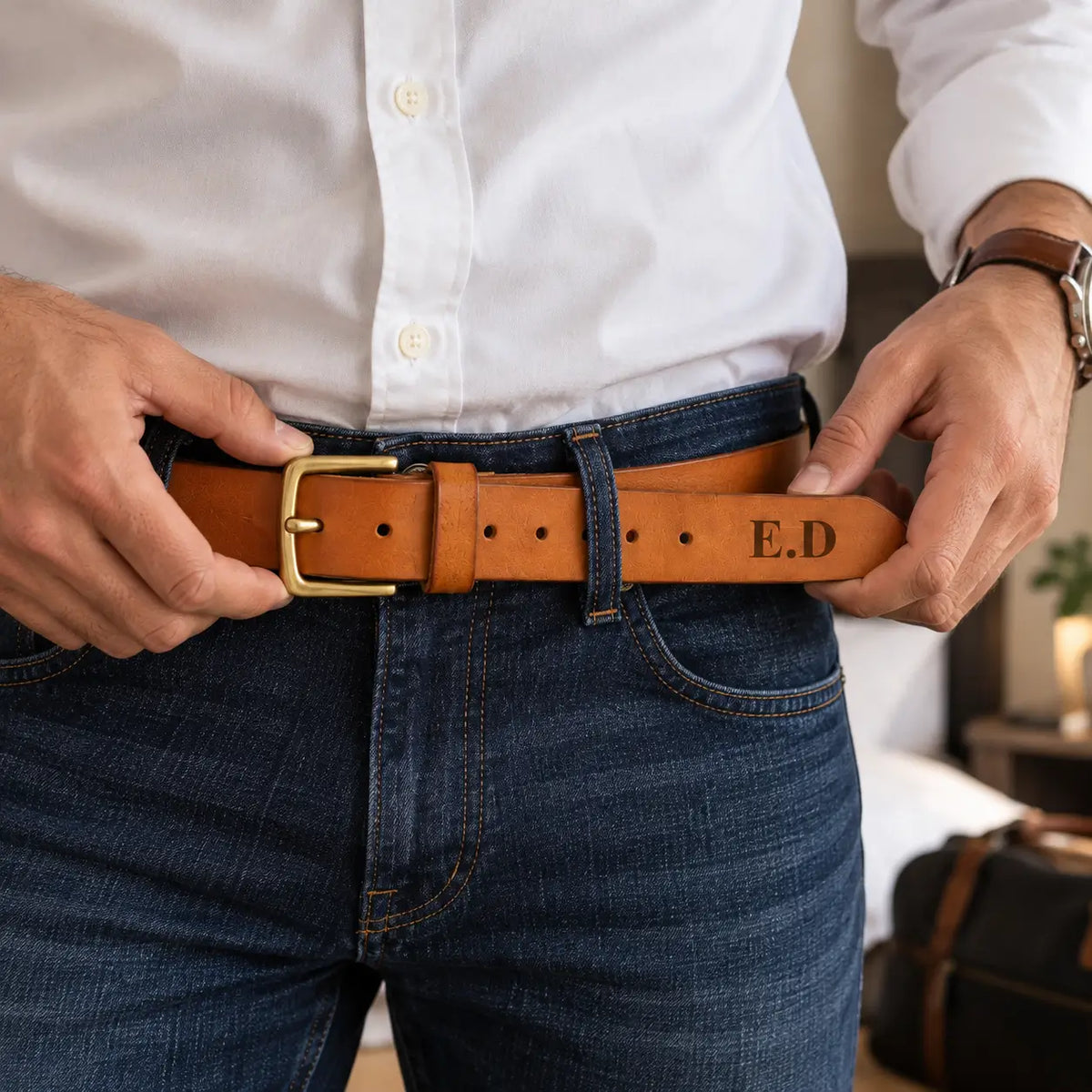 Man wearing a personalised cognac brown leather belt with brass buckle and engraved initials with blue jeans and white shirt.