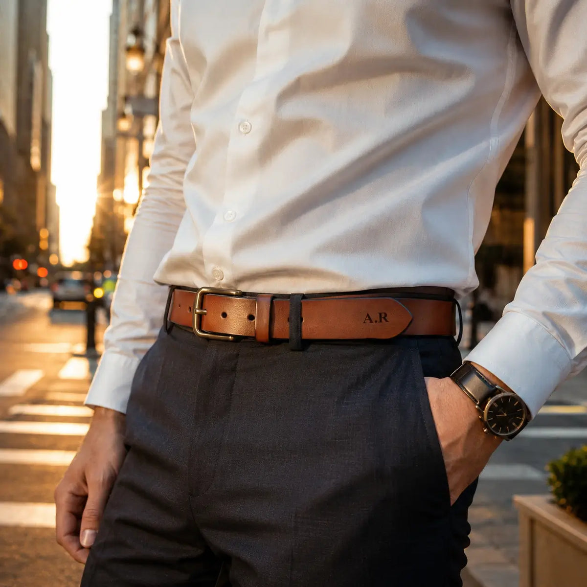 Brown leather belt worn with dress trousers and white shirt for smart casual men’s style