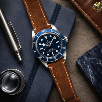 Luxury flat lay image of a blue diver-style watch featuring a natural tan crazy horse leather strap, styled on a navy notebook with metallic accessories and rich textures in a high-end studio setting.