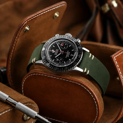 22mm olive green leather watch strap paired with Zenith Chronomaster Revival watch, handcrafted vintage-style watch band with contrast stitching and premium finish.