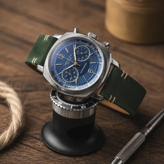 20mm olive green leather watch strap on Geckota chronograph watch, premium handcrafted watch band with vintage stitching and classic style.