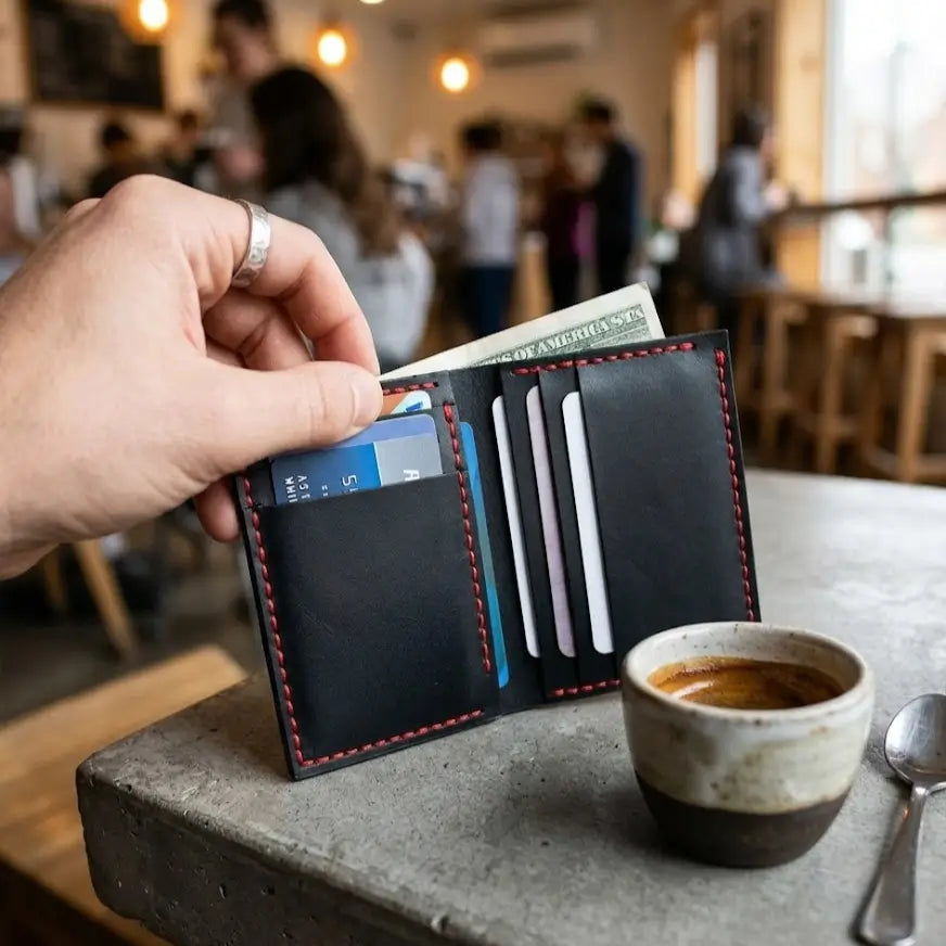 Hand holding an open black leather wallet with red stitching, showing cards and cash, placed on a café table beside a cup of coffee with a blurred background.