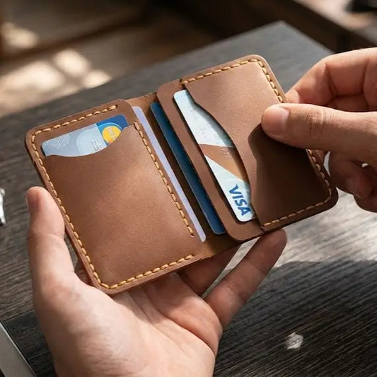 A hand holding an open tan full-grain leather bifold cardholder to reveal the interior storage capacity, featuring curved-entry card slots and durable hand-stitched detailing against a textured dark wood background.