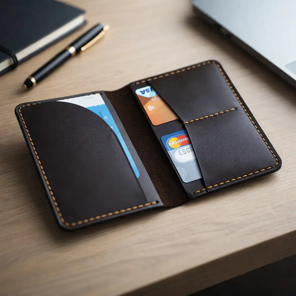 Internal view of an open tan full-grain leather bifold cardholder showing multiple tiered credit card slots and a dedicated horizontal pocket for folded cash, highlighted by artisanal saddle stitching on a clean white background.