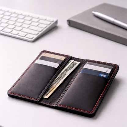 Black leather wallet with card slots on a white desk with keyboard and notebook in the background
