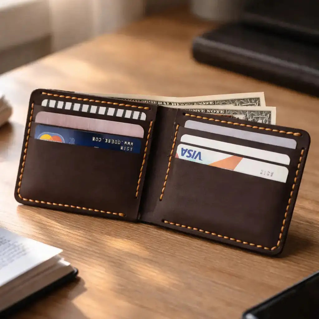 Handmade Men’s Bifold Leather Wallet - Dark Brown- Full Grain