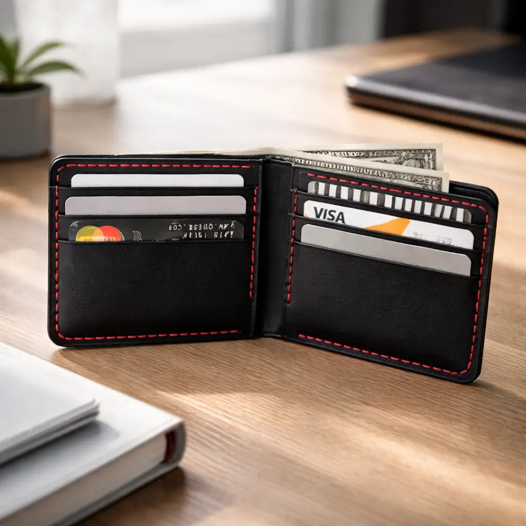 Alternative brown leather bifold variant showing the internal card slot arrangement, emphasizing Tascony's diverse range of artisanal color finishes.