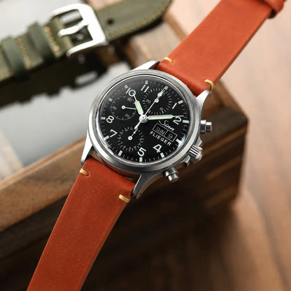 22mm tan brown Italian leather watch strap on Sinn Flieger pilot chronograph watch, handcrafted premium leather watch band with classic vintage styling.