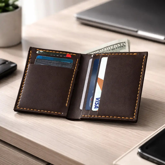 Open dark brown leather wallet with contrast stitching holding multiple cards and cash, placed on a wooden desk beside a laptop, phone, and plant in a modern workspace setting.