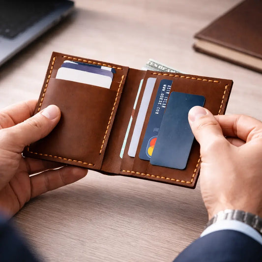 Hands holding an open brown leather wallet with contrast stitching, showing multiple card slots and cash while a card is being pulled out, set on a desk in a modern workspace.