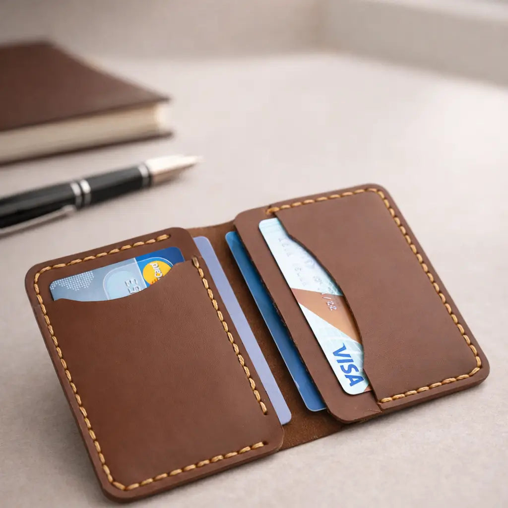An open tan full-grain leather bifold cardholder displayed on a neutral surface, showcasing multiple internal credit card slots with precision saddle stitching, positioned alongside a luxury pen and leather journal for a sophisticated professional aesthetic.