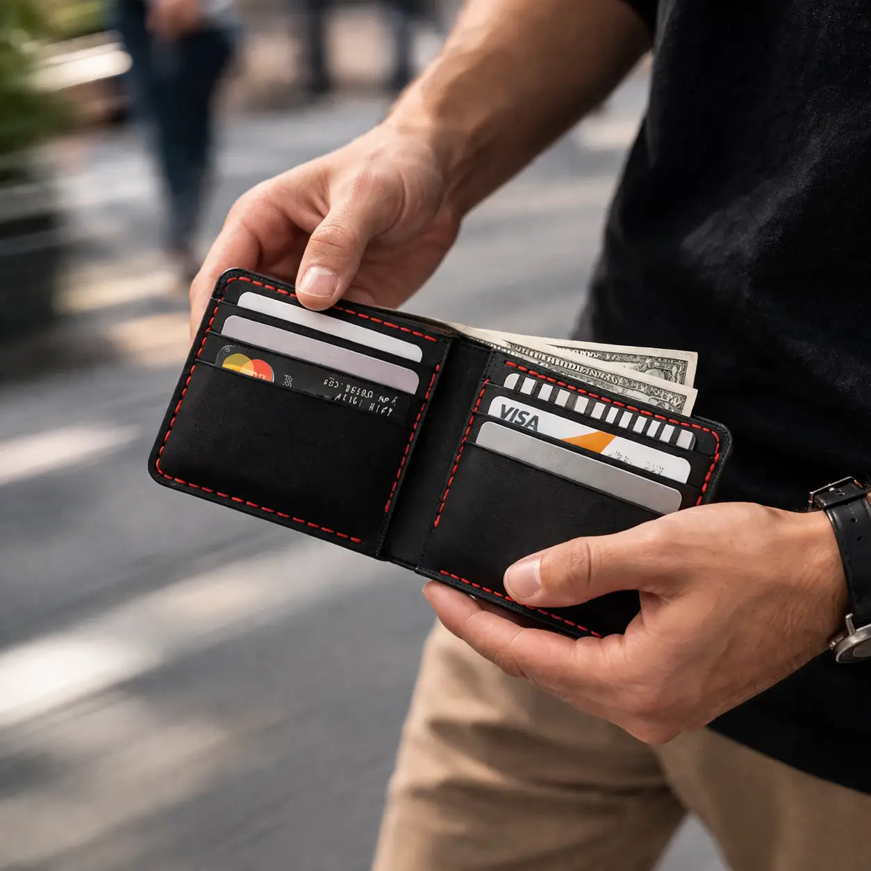 Detailed view of hands opening the black leather bifold to reveal the functional interior, showcasing the flexibility of the genuine vegetable-tanned hide.