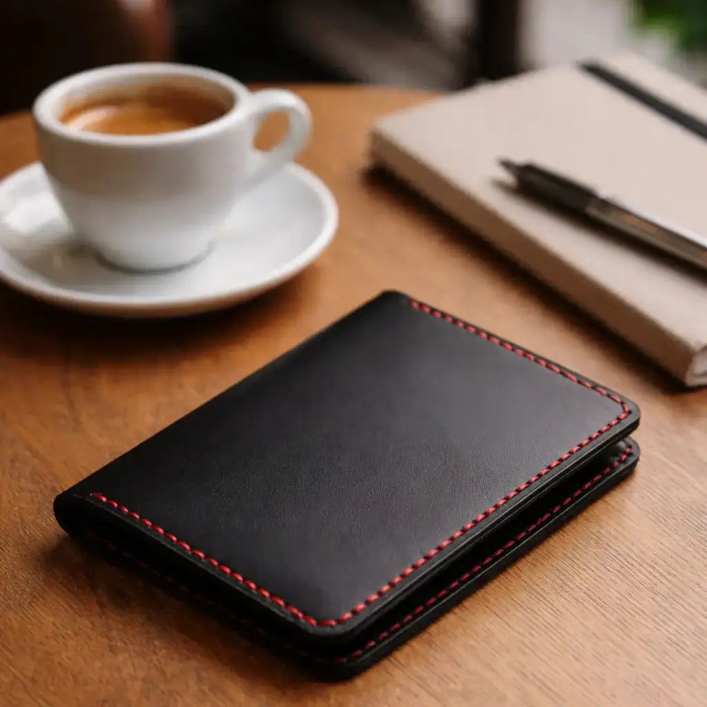 Minimalist Leather Card Holder Wallet  - Bifold Black - Full Grain
