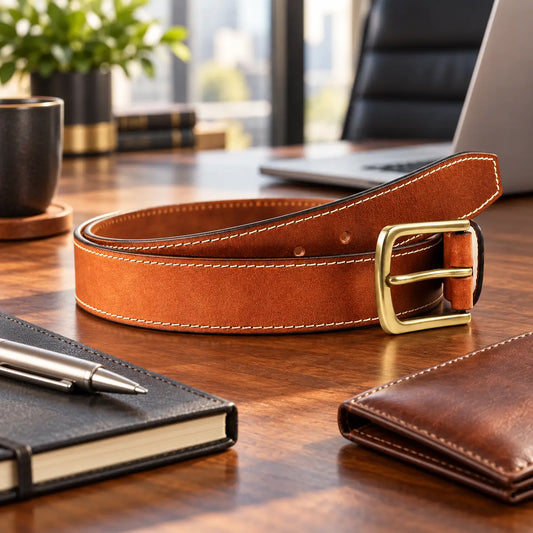 Cognac brown leather men’s belt with white contrast stitching and antique brass buckle displayed on an office desk with notebook and wallet.