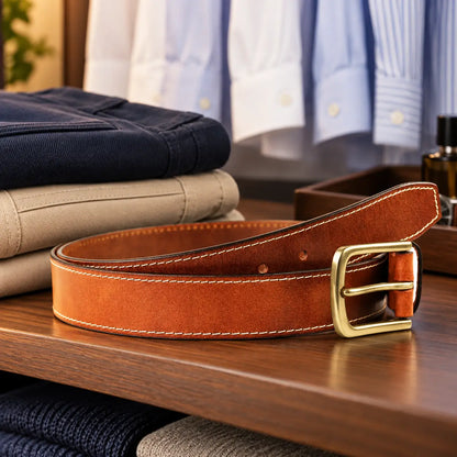 Brown leather men’s belt with cream stitching and brass buckle displayed in a men’s wardrobe beside folded trousers and shirts.