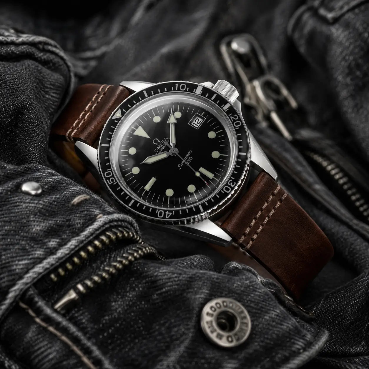 20mm dark brown quick release leather watch strap paired with Omega Seamaster 300, premium handcrafted vintage watch band with stitched detailing.