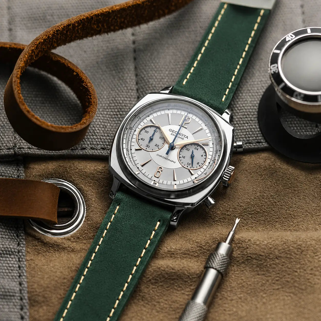 20mm green Italian leather watch strap paired with Geckota chronograph watch, handcrafted vintage-style leather watch band with quick release and contrast stitching.