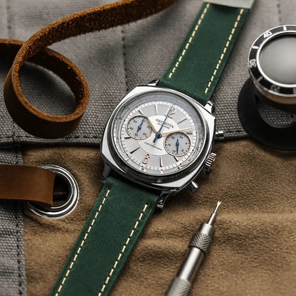 20mm green Italian leather watch strap paired with Geckota chronograph watch, handcrafted vintage-style leather watch band with quick release and contrast stitching.