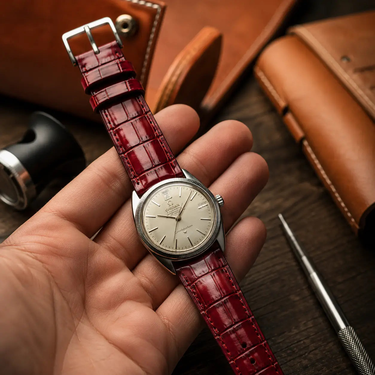Vibrant red crocodile leather watch strap with a semi-gloss finish and large square scales, shown on a Baltic Bicompax chronograph being held by hand.