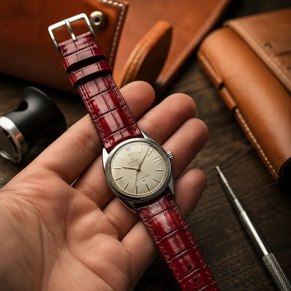 Vibrant red crocodile leather watch strap with a semi-gloss finish and large square scales, shown on a Baltic Bicompax chronograph being held by hand.
