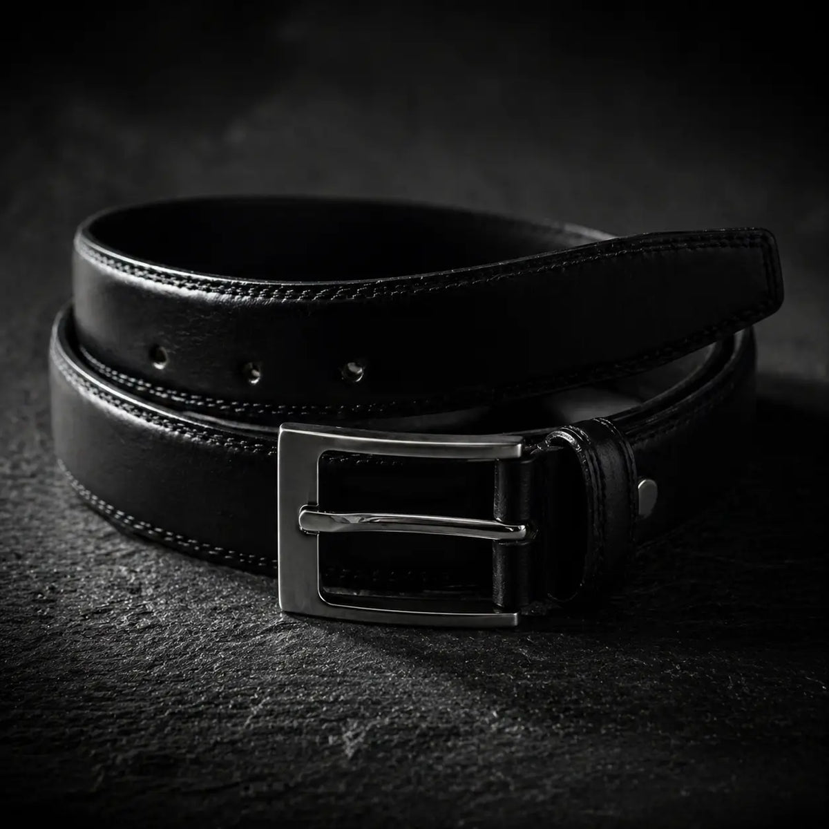 Coiled black leather men’s belt with matching black stitching and silver rectangular buckle photographed on a dark textured background.