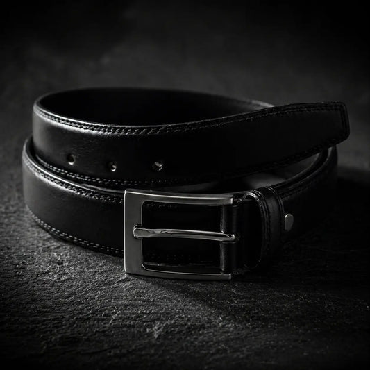 Coiled black leather men’s belt with matching black stitching and silver rectangular buckle photographed on a dark textured background.