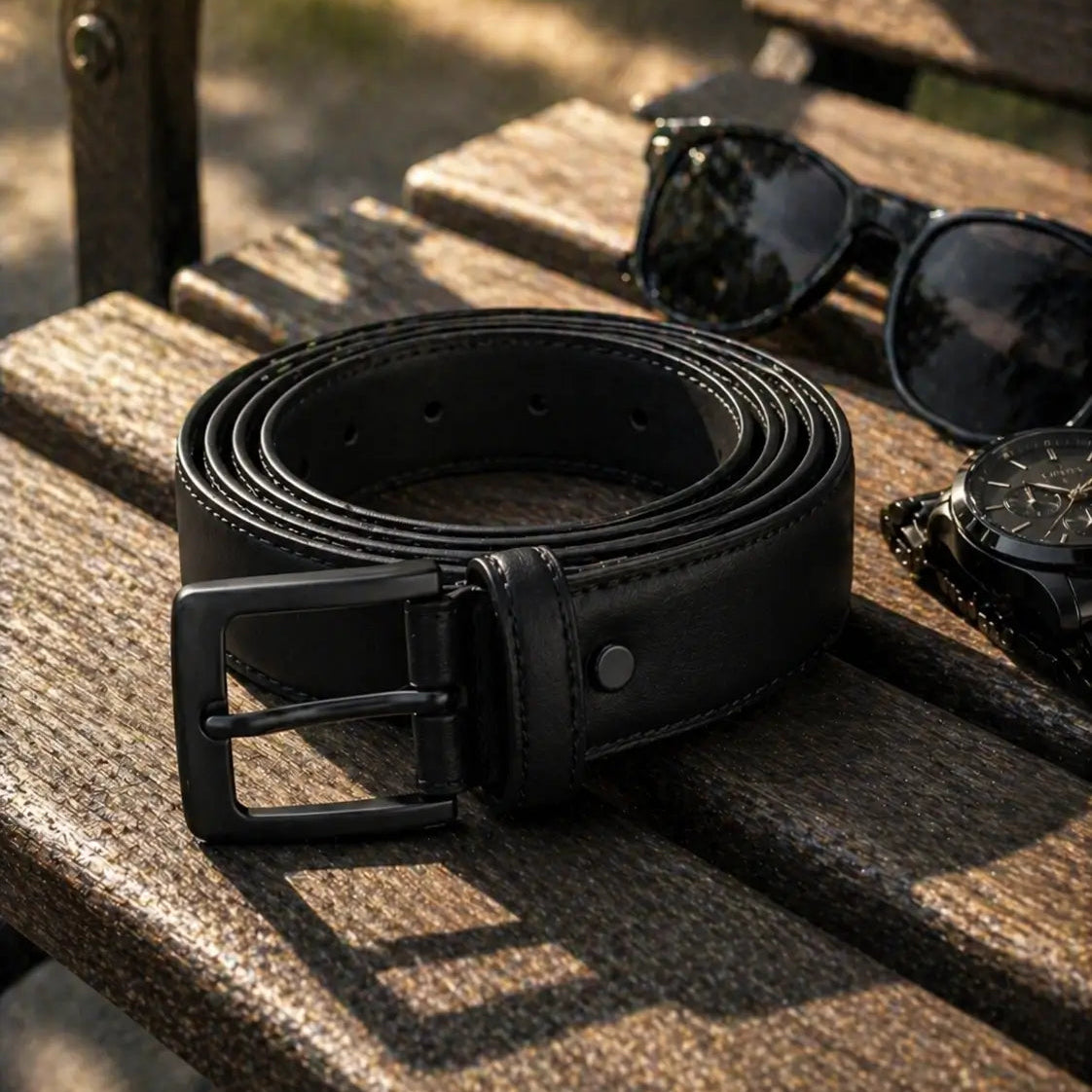 Black leather men’s belt with silver buckle displayed outdoors on a wooden bench beside sunglasses and a black wristwatch.