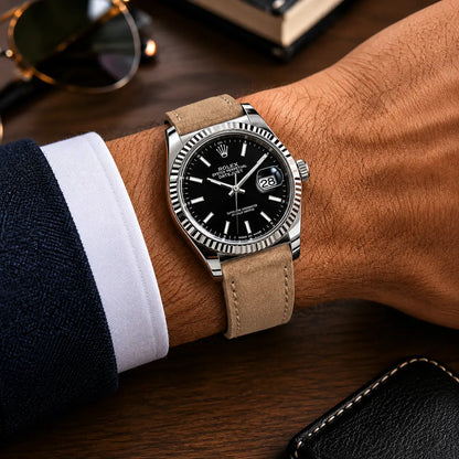 Close-up lifestyle shot of a luxury dress watch worn on the wrist, fitted with a khaki suede leather strap. The polished silver case and black dial contrast with a navy blazer and white shirt cuff, while warm wooden tones and blurred sunglasses create a refined editorial setting.