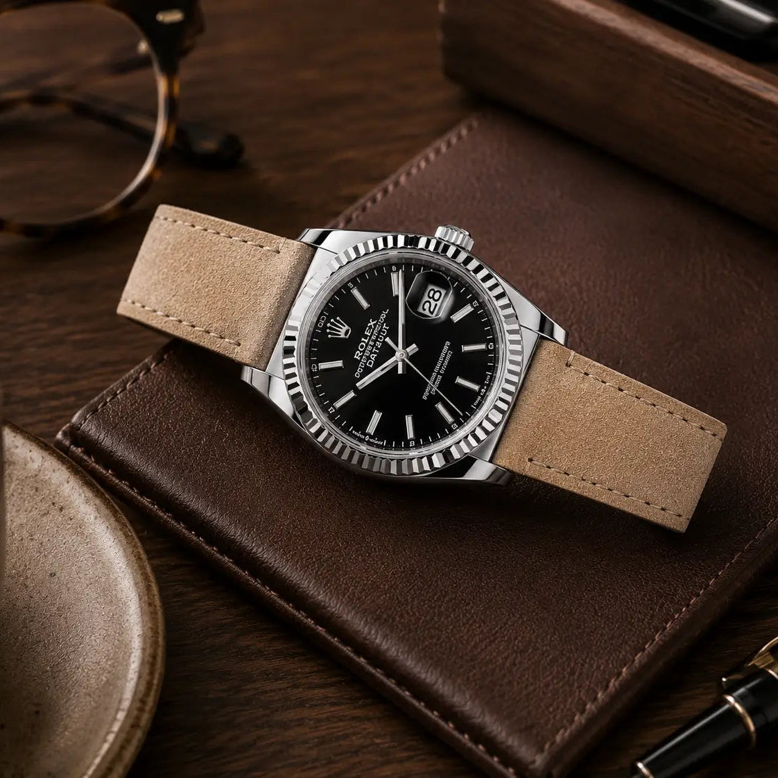 Studio-style flat lay of a luxury watch fitted with a khaki suede leather strap, resting on a dark leather notebook. Warm-toned props including a ceramic coffee cup, sunglasses, wooden tray, and fountain pen create an elegant desk setup with a premium editorial feel.
