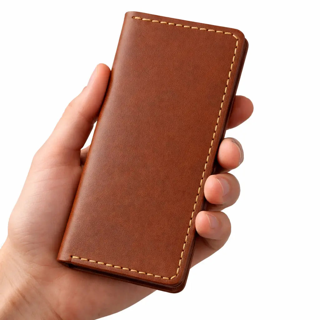 Hand holding a brown leather wallet with visible stitching against a clean white background, highlighting its compact design and smooth texture.