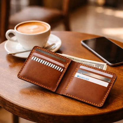 Interior view of a handmade brown leather bifold wallet showcasing eight card slots and two bill compartments organized for daily functional utility.