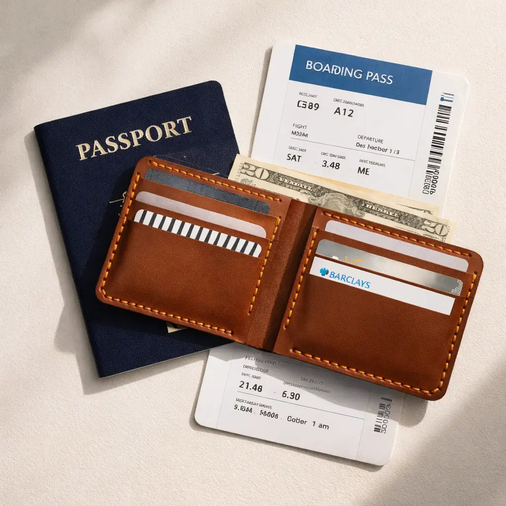 Open brown leather wallet with card slots and cash placed on top of a passport and boarding pass, representing a travel-ready setup with essential documents neatly arranged.