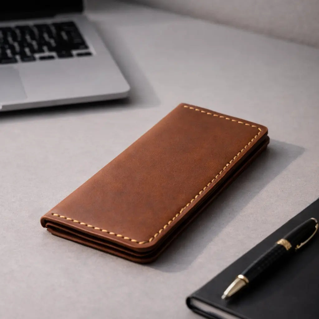 Brown leather wallet with visible stitching placed on a modern desk beside a laptop, notebook, and pen, creating a clean and professional workspace scene.