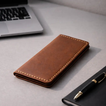 Brown leather wallet with visible stitching placed on a modern desk beside a laptop, notebook, and pen, creating a clean and professional workspace scene.