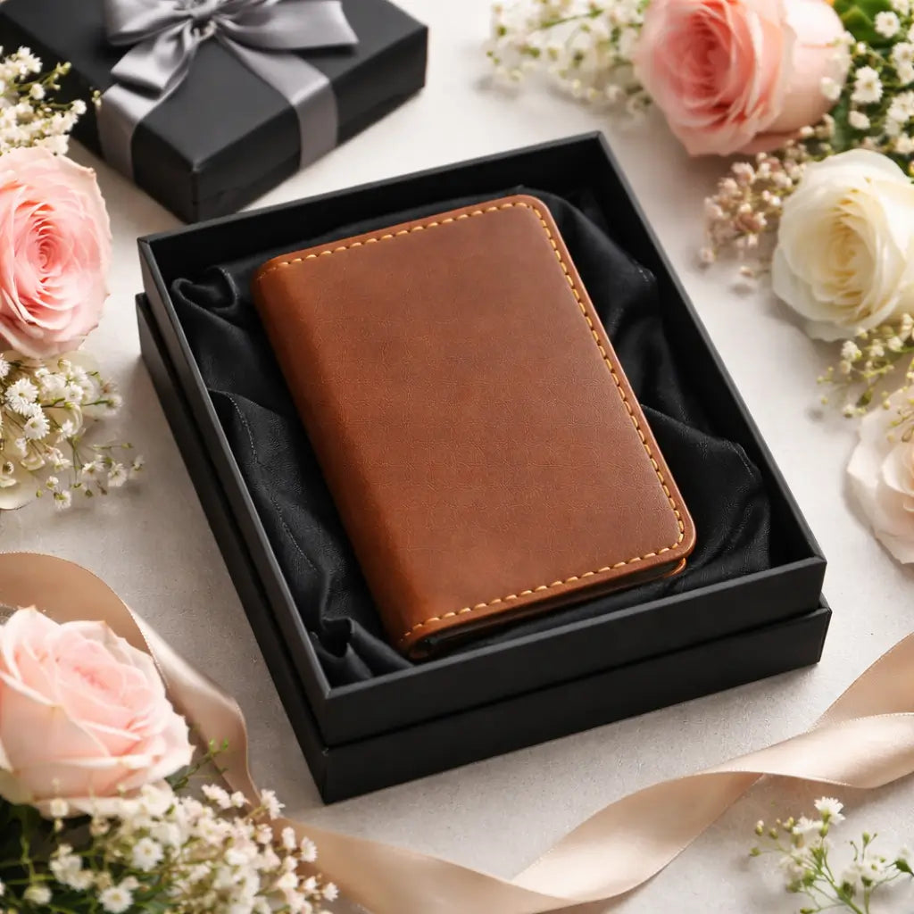 An angled studio shot of a tan full-grain leather bifold cardholder, highlighting the natural grain texture and precise artisanal saddle stitching along the rounded edges, isolated on a white background with a soft reflection