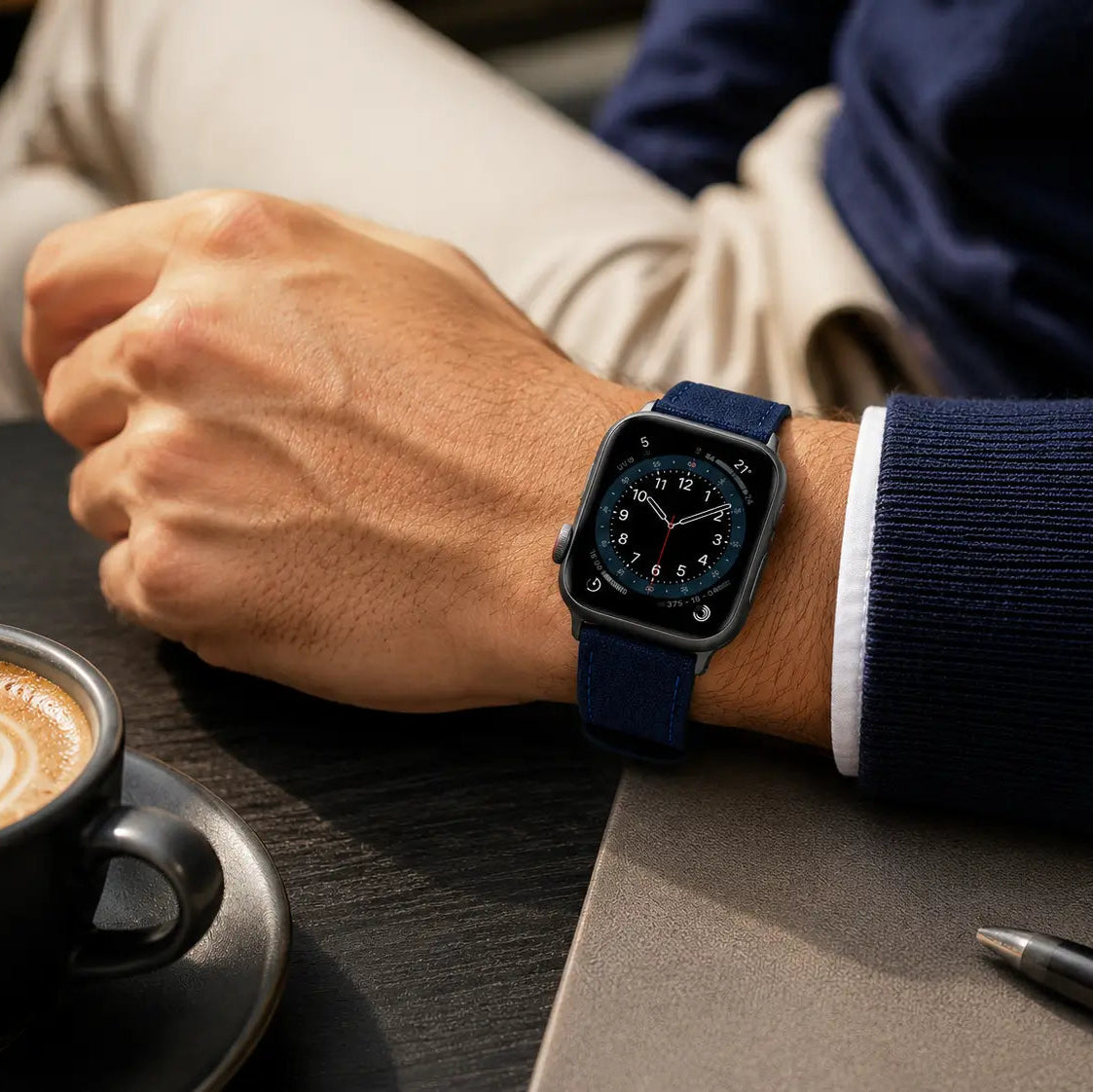 Close-up of a man wearing a smartwatch with a navy blue canvas-style strap while seated at a café desk. Warm lighting, coffee, and workspace elements create a refined business-casual lifestyle atmosphere.