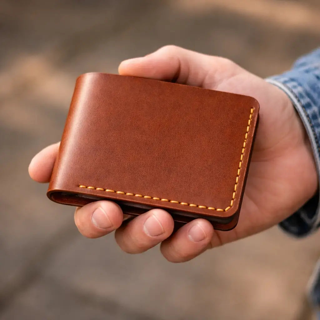 Premium vintage tan cowhide leather wallet detail highlighting the natural grain texture and high-tensile thread durability of artisanal Australian craftsmanship.