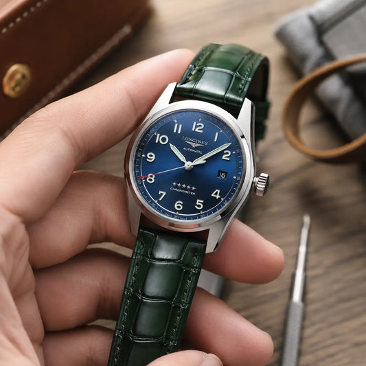 British racing green alligator grain leather watch band with square scales, pictured on a Longines automatic watch inside a grey suede travel pouch.