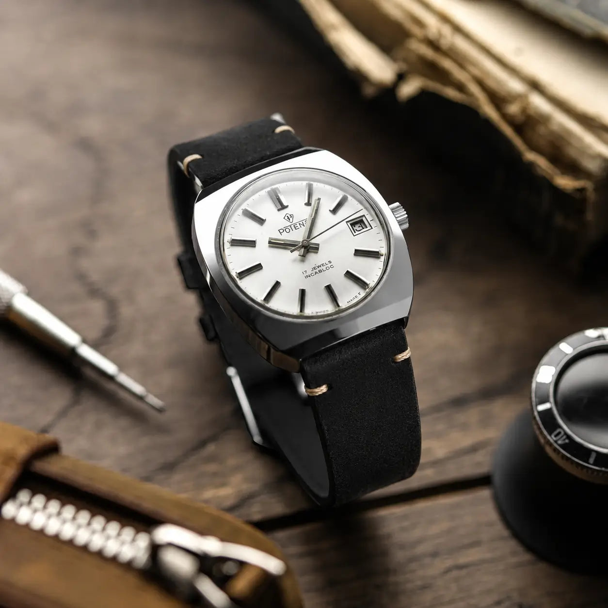 20mm vintage black suede leather watch strap on Potens dress watch, premium handcrafted watch band with classic minimalist styling.