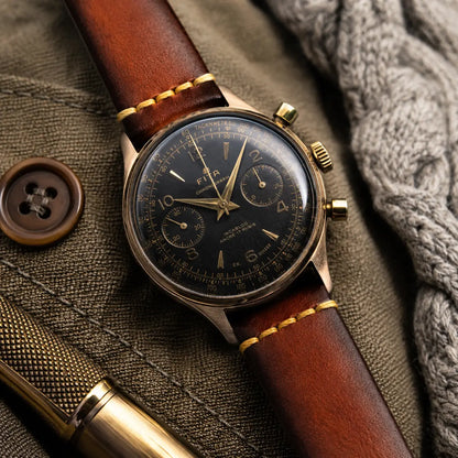 22mm vintage brown Italian leather watch strap paired with Fina chronograph watch, handcrafted premium leather watch band with classic stitched design.