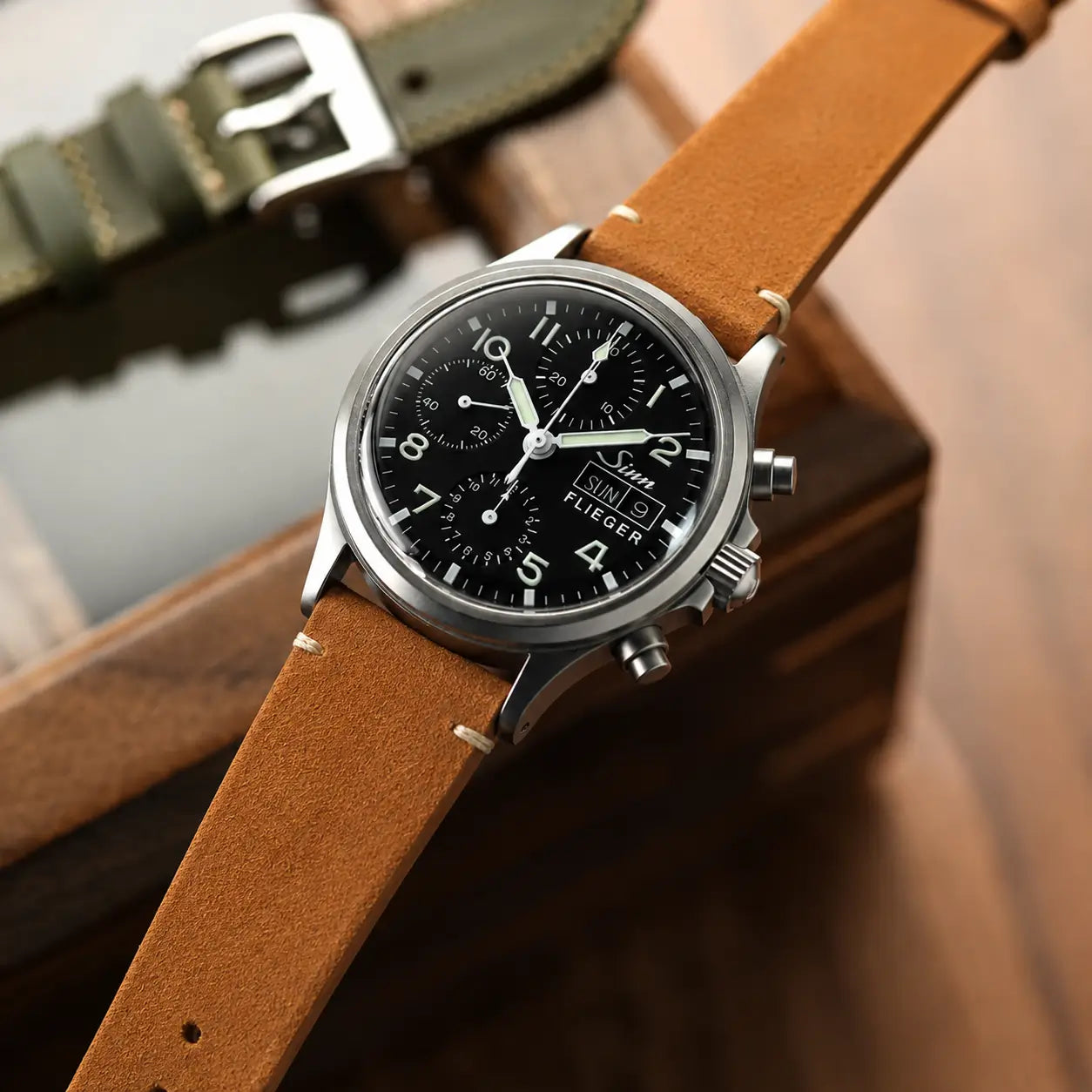20mm vintage brown suede leather watch strap on Sinn Flieger chronograph watch, handcrafted quick-release suede watch band with classic aviation styling.