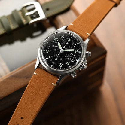 20mm vintage brown suede leather watch strap on Sinn Flieger chronograph watch, handcrafted quick-release suede watch band with classic aviation styling.