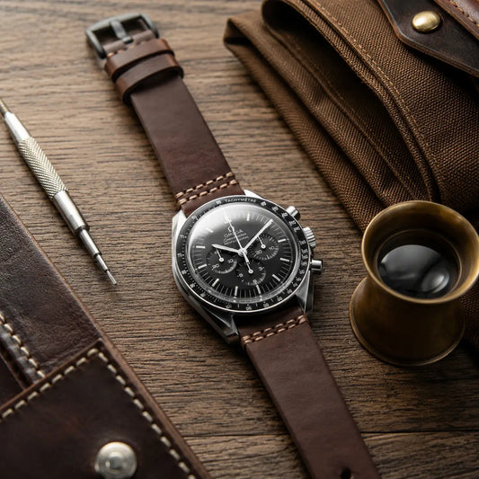 20mm vintage dark brown leather watch strap fitted to Omega Speedmaster Professional watch, premium handcrafted watch band with rugged heritage-inspired design.