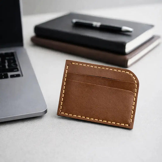 Brown leather cardholder with stitched edges placed on a desk beside a laptop, with stacked notebooks and a pen blurred in the background.