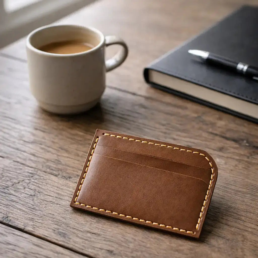 Minimalist Men’s Slim Leather Card Holder - Tan - Front Pocket