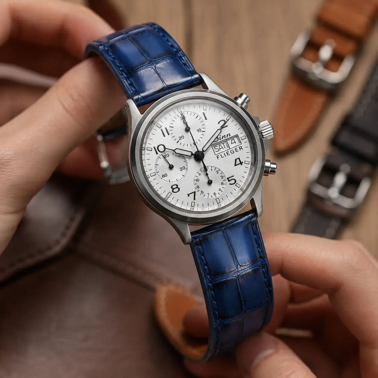 Hand-held view of a royal blue alligator embossed leather watch band with blue stitching, paired with a white dial Sinn 356 Flieger chronograph.