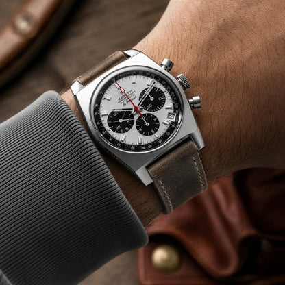 22mm dark grey vegetable tanned leather watch strap paired with Zenith El Primero Chronograph, handcrafted vintage leather watch band with distressed finish.