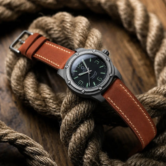22mm Coral brown leather watch strap paired with Bell & Ross style field watch, handcrafted premium watch band with contrast stitching and rugged design.